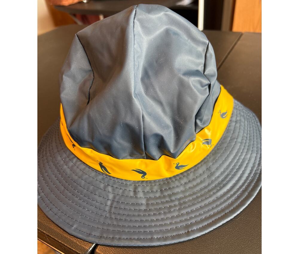 VTG Aqua Sheen Rain Hat Lined Navy Blue Yellow Ducks Retro PVC Waterproof